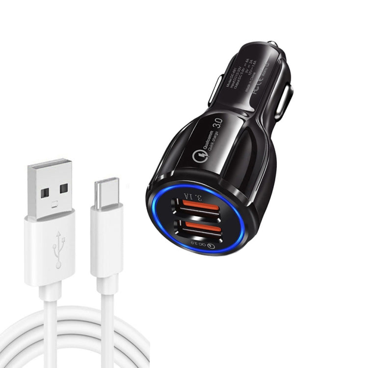 LZ-681 QC3.0 Dual USB Car Charging + Type-C Fast Charging Cable Car Charging Kit(Black) - Car Charger by PMC Jewellery | Online Shopping South Africa | PMC Jewellery