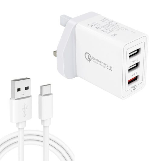 SDC-30W 2 in 1 USB to USB-C / Type-C Data Cable + 30W QC 3.0 USB + 2.4A Dual USB 2.0 Ports Mobile Phone Tablet PC Universal Quick Charger Travel Charger Set, UK Plug - USB Charger by PMC Jewellery | Online Shopping South Africa | PMC Jewellery