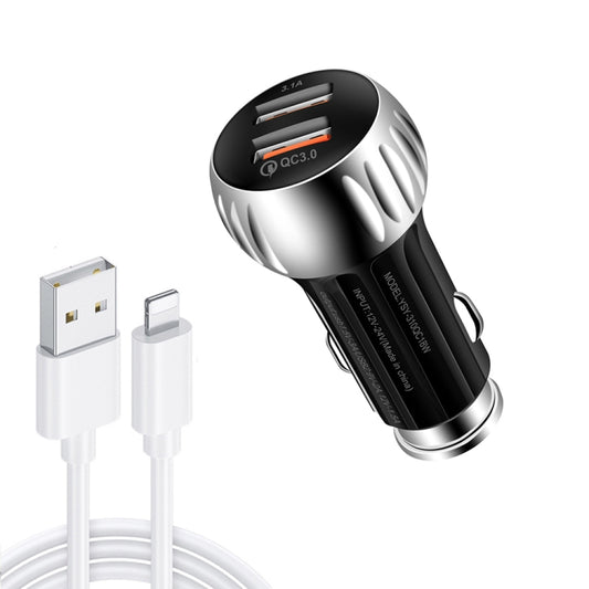 YSY-310QC18W QC3.0 Dual Port USB Car Charger + 3A USB to 8 Pin Data Cable, Cable Length: 1m(Black) - Car Charger by PMC Jewellery | Online Shopping South Africa | PMC Jewellery