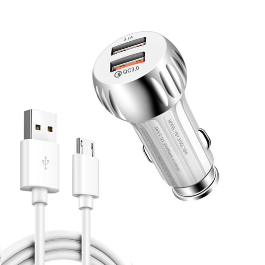 YSY-310QC18W QC3.0 Dual Port USB Car Charger + 3A USB to Micro USB Data Cable, Cable Length: 1m(White) - Car Charger by PMC Jewellery | Online Shopping South Africa | PMC Jewellery