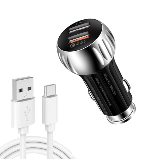 YSY-310QC18W QC3.0 Dual Port USB Car Charger + 3A USB to USB-C / Type-C Data Cable, Cable Length: 1m(Black) - Car Charger by PMC Jewellery | Online Shopping South Africa | PMC Jewellery