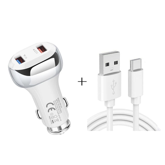 YSY-312 2 in 1 18W Portable QC3.0 Dual USB Car Charger + 1m 3A USB to USB-C / Type-C Data Cable Set(White) - Car Charger by PMC Jewellery | Online Shopping South Africa | PMC Jewellery