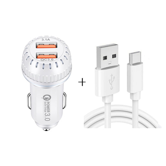 YSY-349 QC3.0 Dual Port USB Car Charger + 3A USB to USB-C / Type-C Data Cable, Length: 1m(White) - Car Charger by PMC Jewellery | Online Shopping South Africa | PMC Jewellery