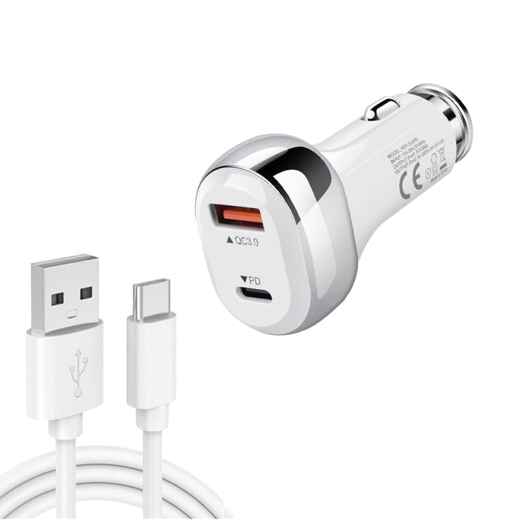 YSY-312PD QC3.0 18W USB + PD 20W USB-C / Type-C Car Charger with USB to USB-C / Type-C Data Cable(White) - Car Charger by PMC Jewellery | Online Shopping South Africa | PMC Jewellery