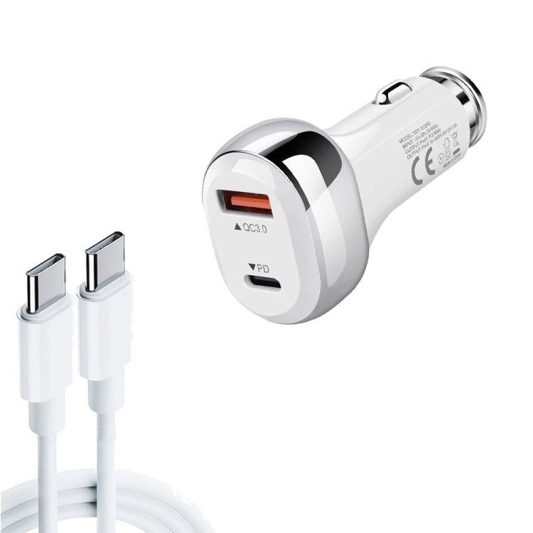 YSY-312PD QC3.0 18W USB + PD 20W USB-C / Type-C Car Charger with Type-C to Type-C Data Cable(White) - Car Charger by PMC Jewellery | Online Shopping South Africa | PMC Jewellery