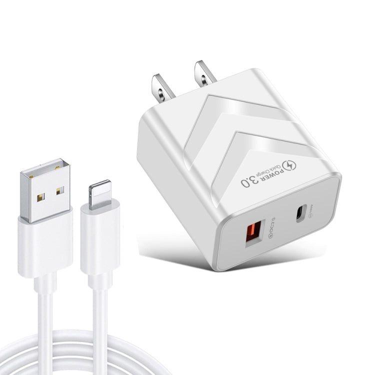 LZ-715 20W PD + QC 3.0 Dual Ports Fast Charging Travel Charger with USB to 8 Pin Data Cable, US Plug(White) - USB Charger by PMC Jewellery | Online Shopping South Africa | PMC Jewellery