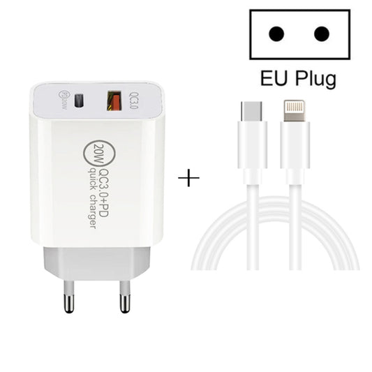 20W PD Type-C + QC 3.0 USB Interface Fast Charging Travel Charger with USB-C / Type-C to 8 Pin Fast Charge Data Cable EU Plug - USB Charger by PMC Jewellery | Online Shopping South Africa | PMC Jewellery