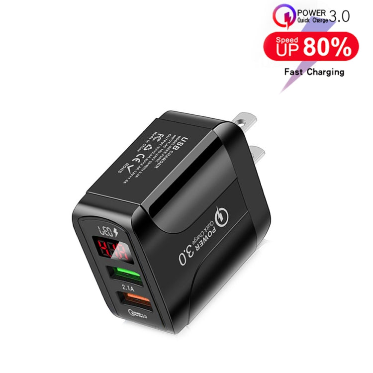 F002C QC3.0 USB + USB 2.0 LED Digital Display Fast Charger with USB to 8 Pin Data Cable, US Plug(Black) - USB Charger by PMC Jewellery | Online Shopping South Africa | PMC Jewellery