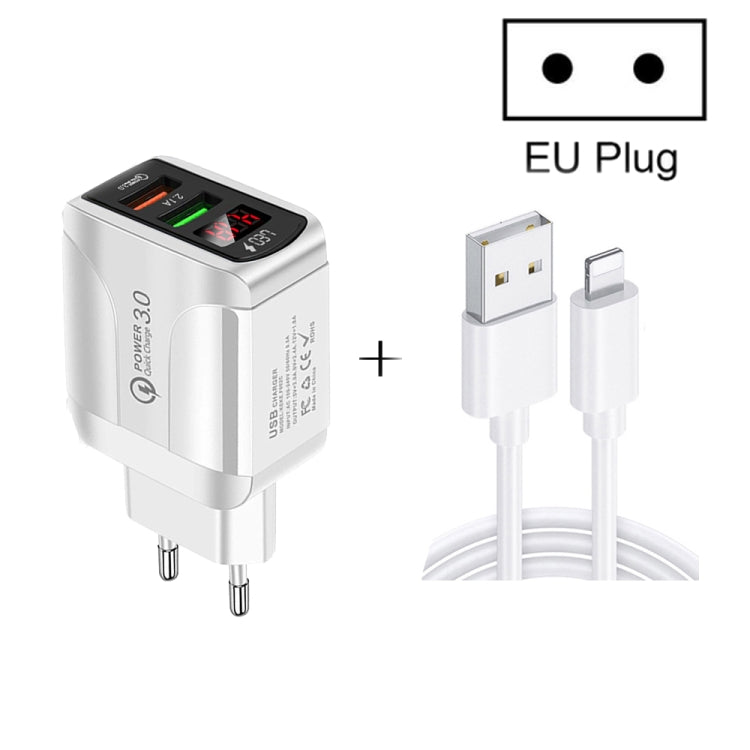 F002C QC3.0 USB + USB 2.0 LED Digital Display Fast Charger with USB to 8 Pin Data Cable, EU Plug(White) - USB Charger by PMC Jewellery | Online Shopping South Africa | PMC Jewellery