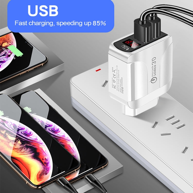 F002C QC3.0 USB + USB 2.0 LED Digital Display Fast Charger with USB to 8 Pin Data Cable, EU Plug(White) - USB Charger by PMC Jewellery | Online Shopping South Africa | PMC Jewellery