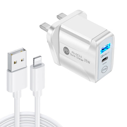 PD25W USB-C / Type-C + QC3.0 USB Dual Ports Fast Charger with USB to 8 Pin Data Cable, UK Plug(White) - USB Charger by PMC Jewellery | Online Shopping South Africa | PMC Jewellery