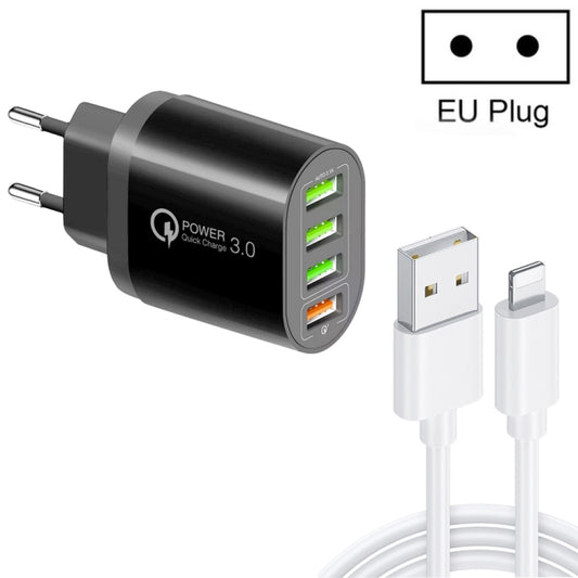 QC-04 QC3.0 + 3 x USB2.0 Multi-ports Charger with 3A USB to 8 Pin Data Cable, EU Plug(Black) - USB Charger by PMC Jewellery | Online Shopping South Africa | PMC Jewellery