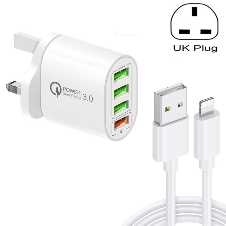 QC-04 QC3.0 + 3 x USB2.0 Multi-ports Charger with 3A USB to 8 Pin Data Cable, UK Plug(White) - USB Charger by PMC Jewellery | Online Shopping South Africa | PMC Jewellery