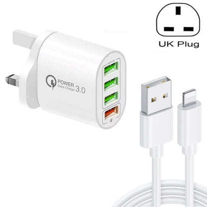 QC-04 QC3.0 + 3 x USB2.0 Multi-ports Charger with 3A USB to 8 Pin Data Cable, UK Plug(White) - USB Charger by PMC Jewellery | Online Shopping South Africa | PMC Jewellery