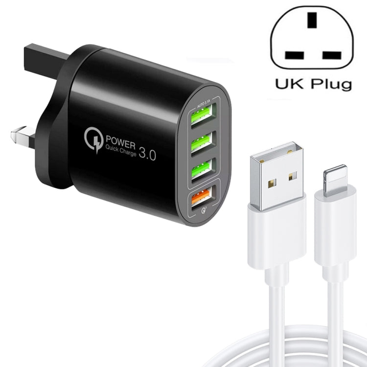 QC-04 QC3.0 + 3 x USB2.0 Multi-ports Charger with 3A USB to 8 Pin Data Cable, UK Plug(Black) - USB Charger by PMC Jewellery | Online Shopping South Africa | PMC Jewellery