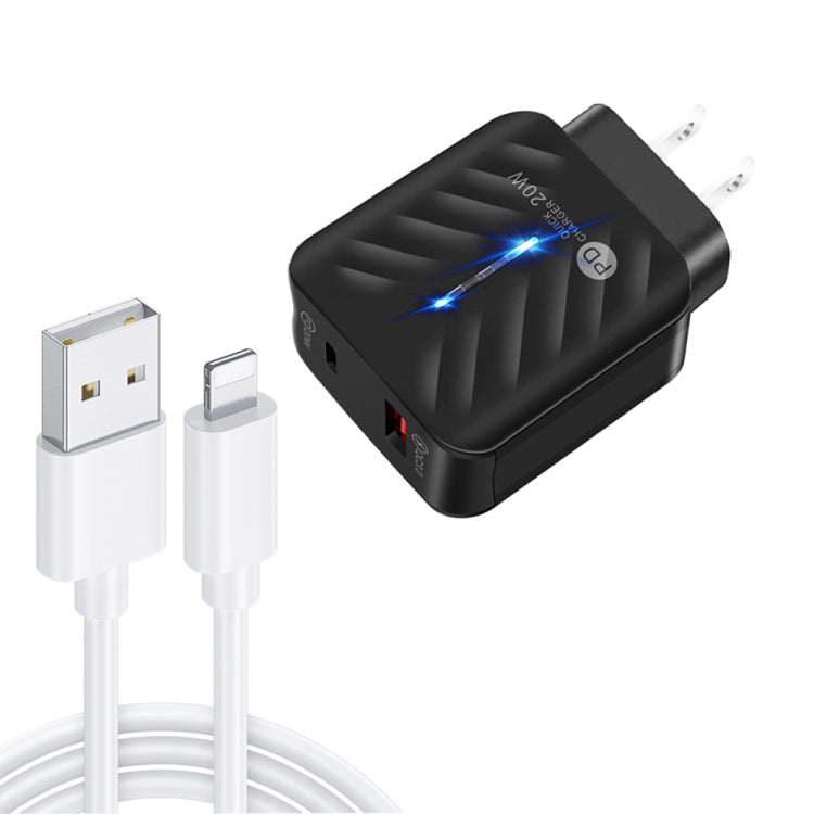 PD03 20W PD3.0 + QC3.0 USB Charger with USB to 8 Pin Data Cable, US Plug(Black) - USB Charger by PMC Jewellery | Online Shopping South Africa | PMC Jewellery