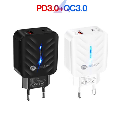 PD03 20W PD3.0 + QC3.0 USB Charger with Type-C to 8 Pin Data Cable, EU Plug(Black) - USB Charger by PMC Jewellery | Online Shopping South Africa | PMC Jewellery