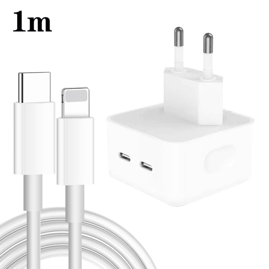 PD 35W Dual USB-C / Type-C Ports Charger with 1m Type-C to 8 Pin Data Cable, EU Plug - USB Charger by PMC Jewellery | Online Shopping South Africa | PMC Jewellery