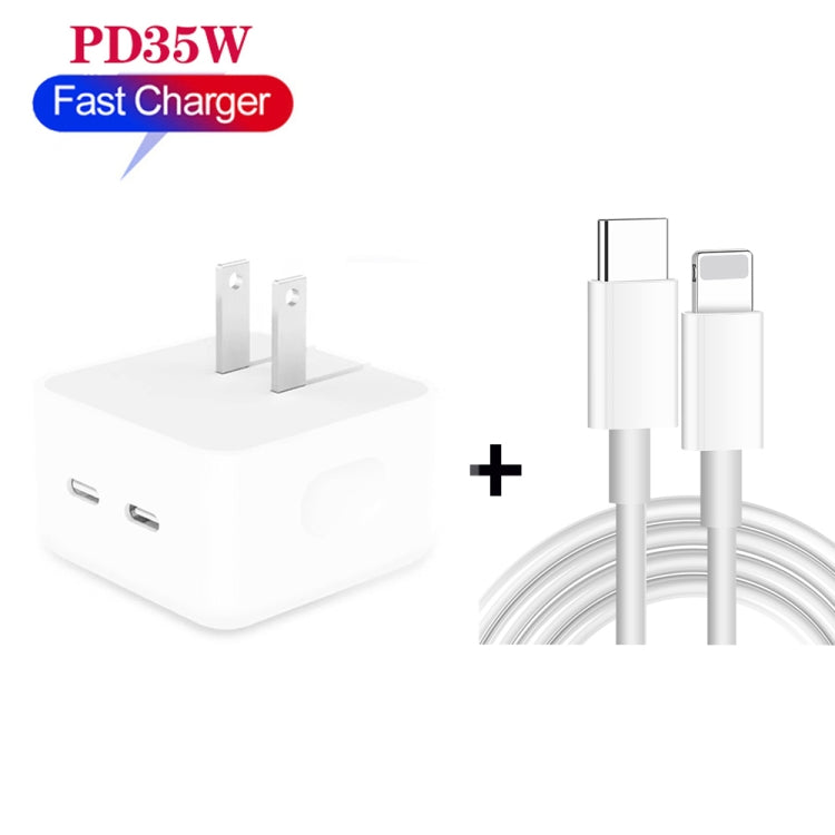 PD 35W Dual USB-C / Type-C Ports Charger with 1.5m Type-C to 8 Pin Data Cable, US Plug - USB Charger by PMC Jewellery | Online Shopping South Africa | PMC Jewellery