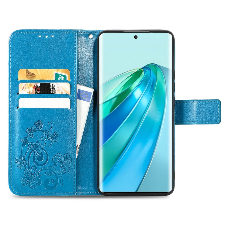 For Honor Magic5 Lite Four-leaf Clasp Embossed Buckle Leather Phone Case(Blue) - free shipping - PMC TechLife - Order now!