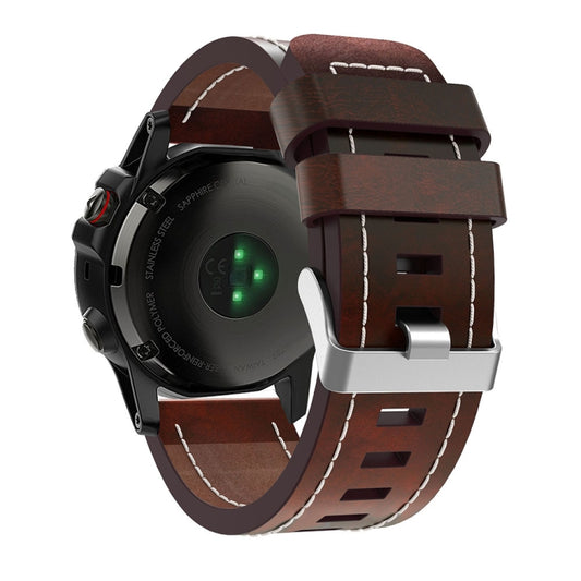 For Garmin Fenix 5X Plus 26mm Sewing Leather Steel Buckle Watch Band(Red Brown) - Smart Wear by PMC Jewellery | Online Shopping South Africa | PMC Jewellery