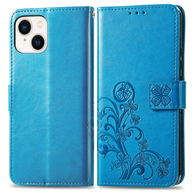 For iPhone 15 Plus Four-leaf Clasp Embossed Buckle Leather Phone Case(Blue) - iPhone 15 Plus Cases by PMC Jewellery | Online Shopping South Africa | PMC Jewellery