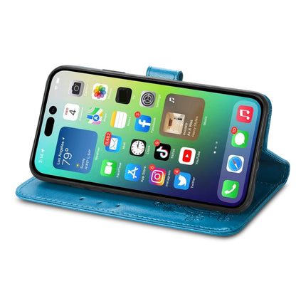 For iPhone 15 Plus Four-leaf Clasp Embossed Buckle Leather Phone Case(Blue) - iPhone 15 Plus Cases by PMC Jewellery | Online Shopping South Africa | PMC Jewellery