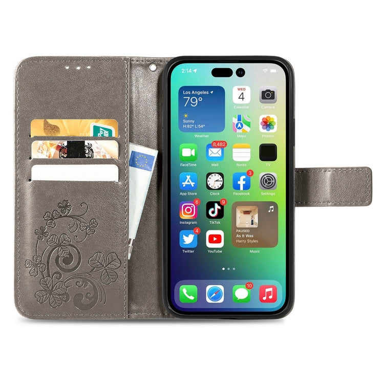 For iPhone 15 Pro Four-leaf Clasp Embossed Buckle Leather Phone Case(Gray) - iPhone 15 Pro Cases by PMC Jewellery | Online Shopping South Africa | PMC Jewellery