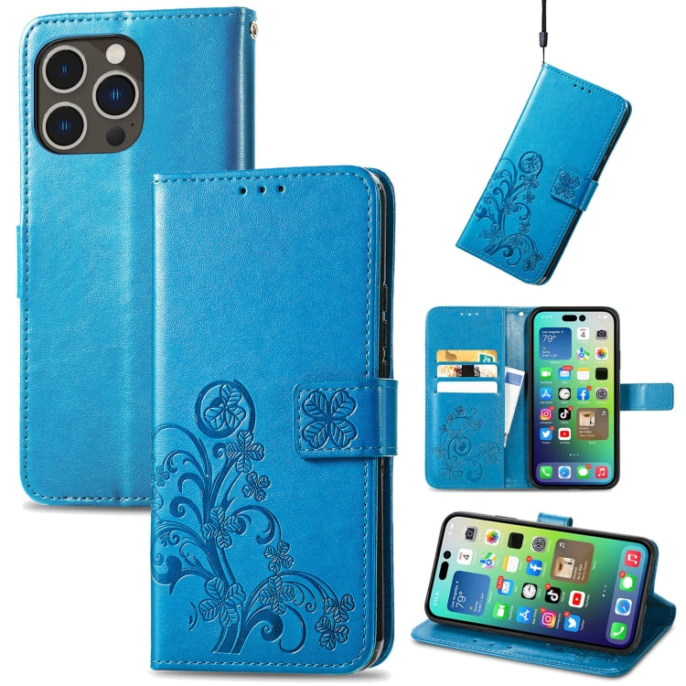 For iPhone 15 Pro Max Four-leaf Clasp Embossed Buckle Leather Phone Case(Blue) - iPhone 15 Pro Max Cases by PMC Jewellery | Online Shopping South Africa | PMC Jewellery