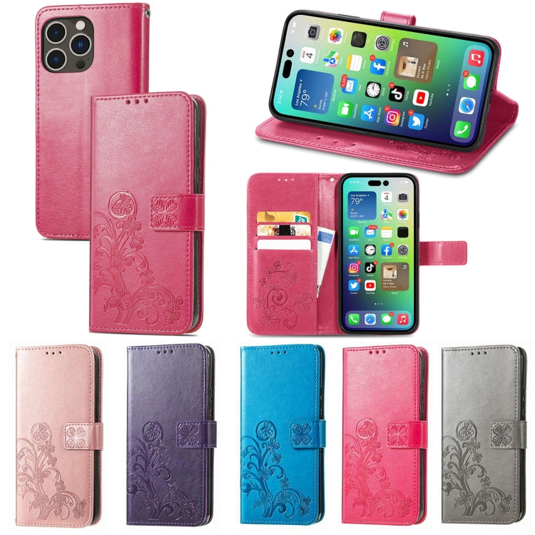 For iPhone 15 Plus Four-leaf Clasp Embossed Buckle Leather Phone Case(Magengta) - iPhone 15 Plus Cases by PMC Jewellery | Online Shopping South Africa | PMC Jewellery