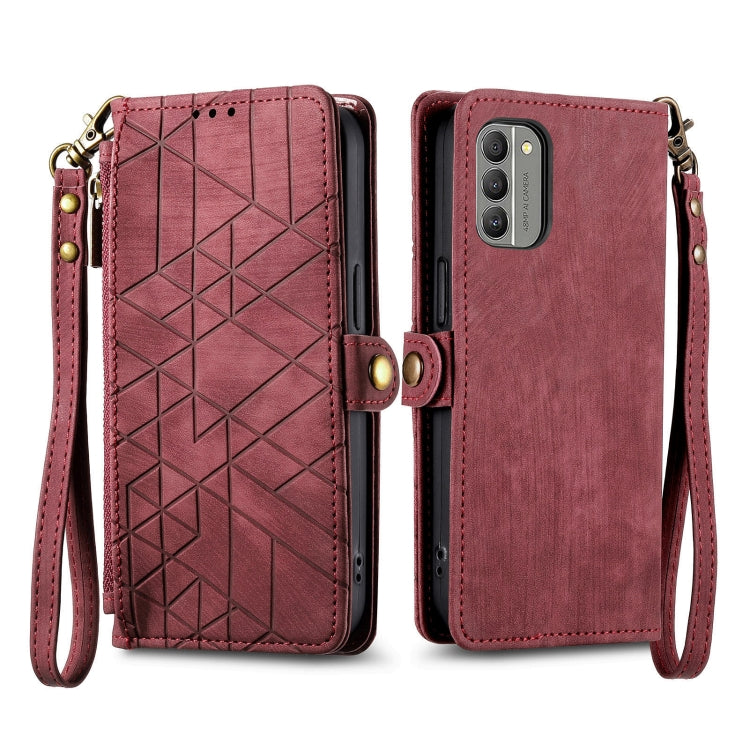 For Nokia C32 Geometric Zipper Wallet Side Buckle Leather Phone Case(Red) - Nokia Cases by PMC Jewellery | Online Shopping South Africa | PMC Jewellery