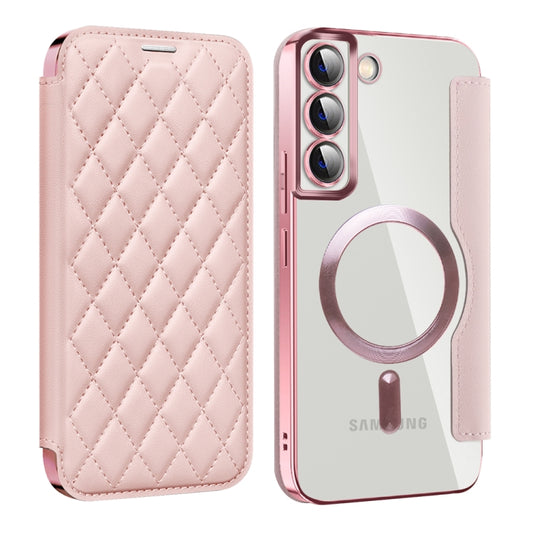 For Samsung Galaxy S22+ 5G Shield MagSafe RFID Anti-theft Rhombus Leather Phone Case(Pink) - Galaxy S22+ 5G Cases by PMC Jewellery | Online Shopping South Africa | PMC Jewellery | Buy Now Pay Later Mobicred