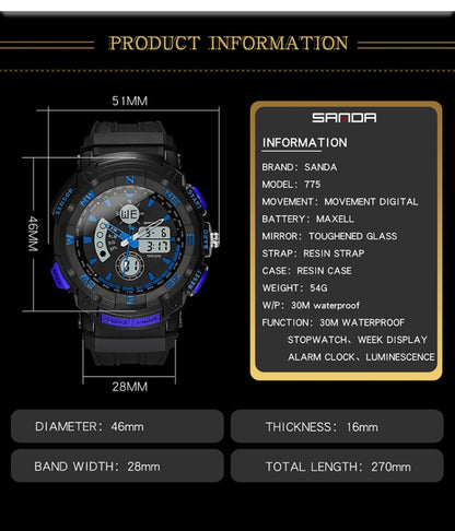 SANDA 775 Watch Male Electronic Watch Adult Middle School Students Youth Multi Functional Sports Water Proof Trend Double Watch(Blue) - Sport Watches by SANDA | Online Shopping South Africa | PMC Jewellery | Buy Now Pay Later Mobicred