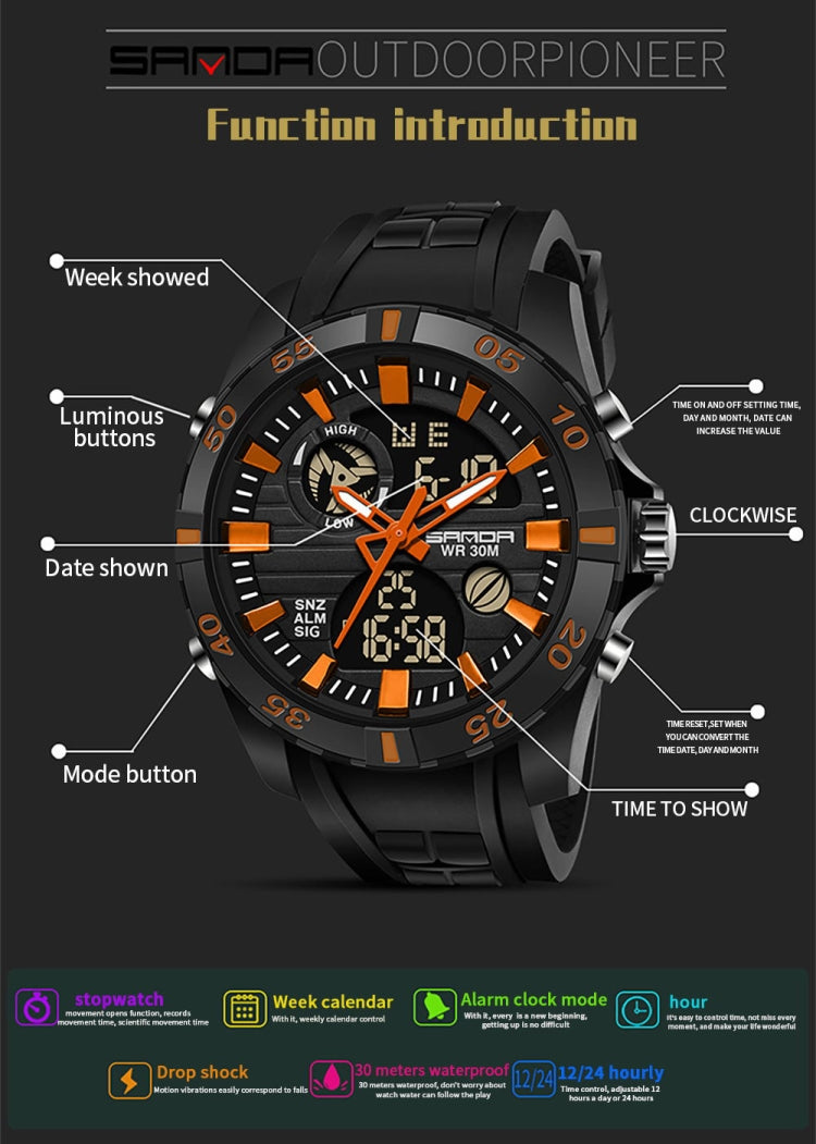 SANDA 791 Watch Genuine Fashion Sports Multifunction Electronic Watch Popular Men luminous Wrist Watch(Orange) - Sport Watches by SANDA | Online Shopping South Africa | PMC Jewellery | Buy Now Pay Later Mobicred