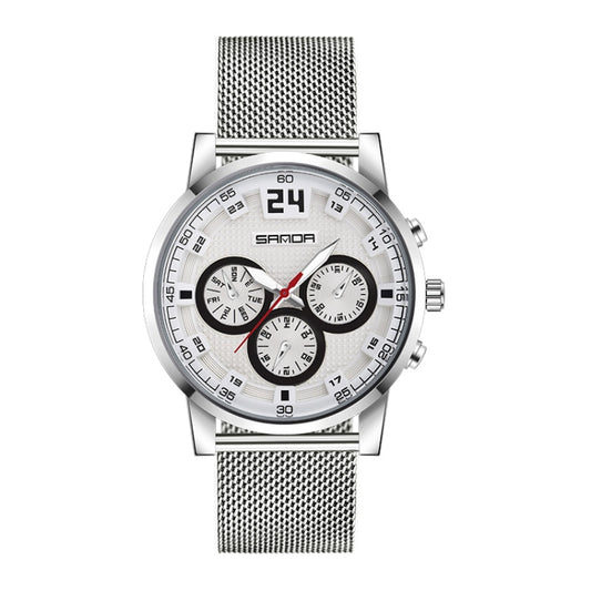 SANDA 5009 Business Fashion Three Eye Six Needle Casual Leather Waterproof Men Quartz Watch(Silver Webbing) - Sport Watches by SANDA | Online Shopping South Africa | PMC Jewellery | Buy Now Pay Later Mobicred