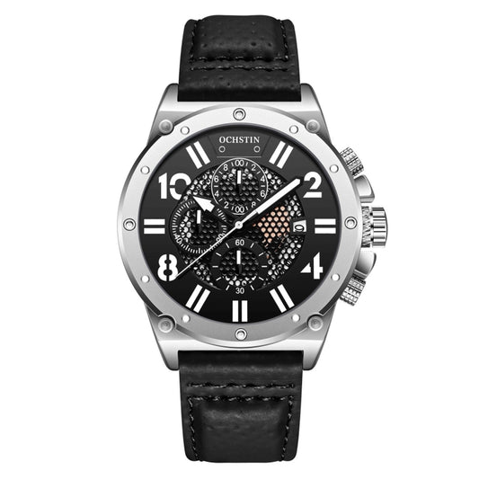 Ochstin 6122 Multi Function Quartz Watch Sports Luminous Waterproof Watch Calendar Leather Men Watch(Silver Black) - Leather Strap Watches by OCHSTIN | Online Shopping South Africa | PMC Jewellery | Buy Now Pay Later Mobicred