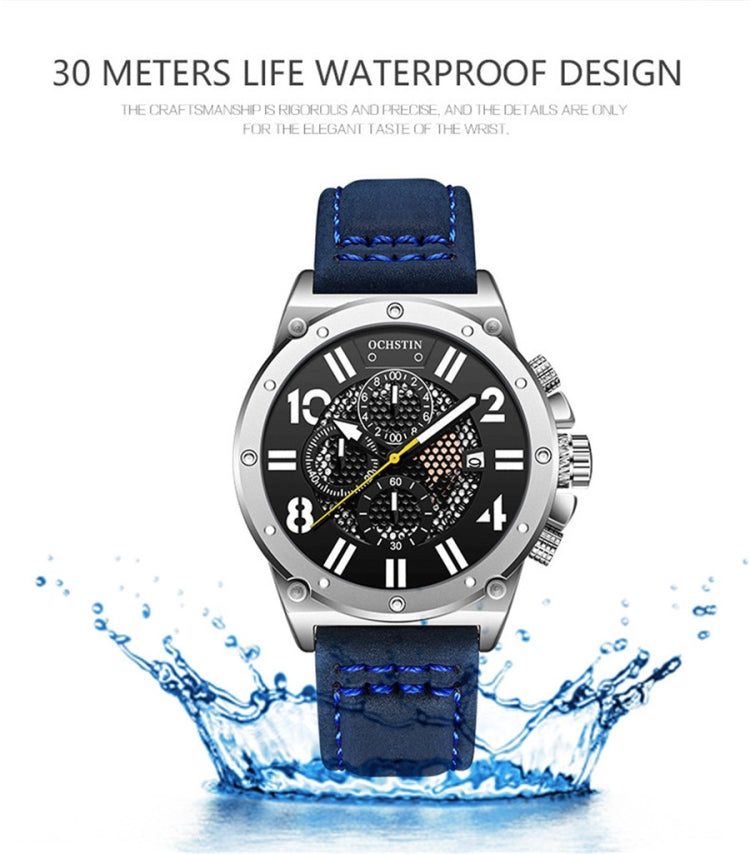 Ochstin 6122 Multi Function Quartz Watch Sports Luminous Waterproof Watch Calendar Leather Men Watch(Blue) - Leather Strap Watches by OCHSTIN | Online Shopping South Africa | PMC Jewellery | Buy Now Pay Later Mobicred