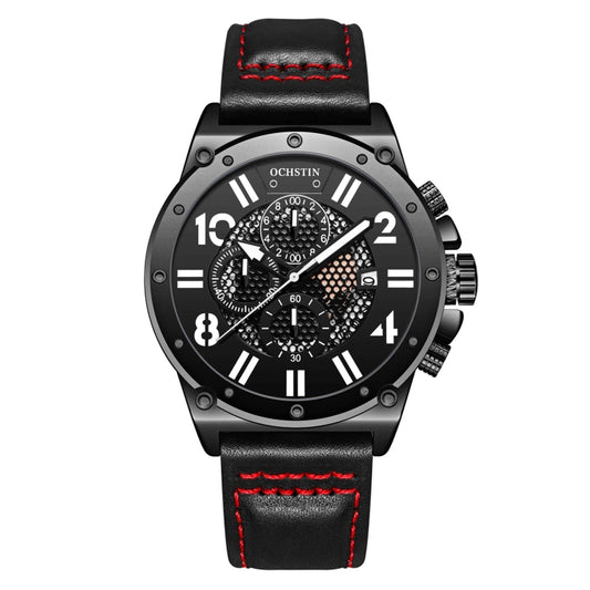 Ochstin 6122 Multi Function Quartz Watch Sports Luminous Waterproof Watch Calendar Leather Men Watch(Black) - Leather Strap Watches by OCHSTIN | Online Shopping South Africa | PMC Jewellery | Buy Now Pay Later Mobicred