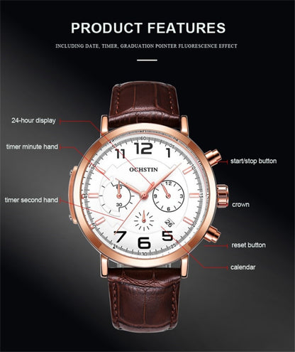 Ochstin 6105 Multi Function Watch Business Leisure Men  Watch Waterproof Timing Quartz Watch Belt Watch(Rose Gold Black) - Leather Strap Watches by OCHSTIN | Online Shopping South Africa | PMC Jewellery | Buy Now Pay Later Mobicred