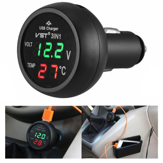 3 In 1 Car USB Charger Car Cigarette Lighter With Voltage Detection Display Multi-function Monitoring Table(Red Green) - Car Charger by PMC Jewellery | Online Shopping South Africa | PMC Jewellery