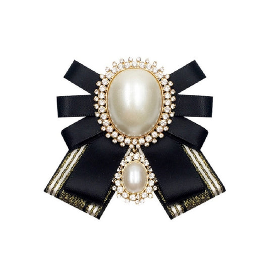 Women Pearl Bow-knot Bow Tie Cloth Brooch Clothing Accessories, Style:Pin Buckle Version(Gold Black) - Tie clip by PMC Jewellery | Online Shopping South Africa | PMC Jewellery