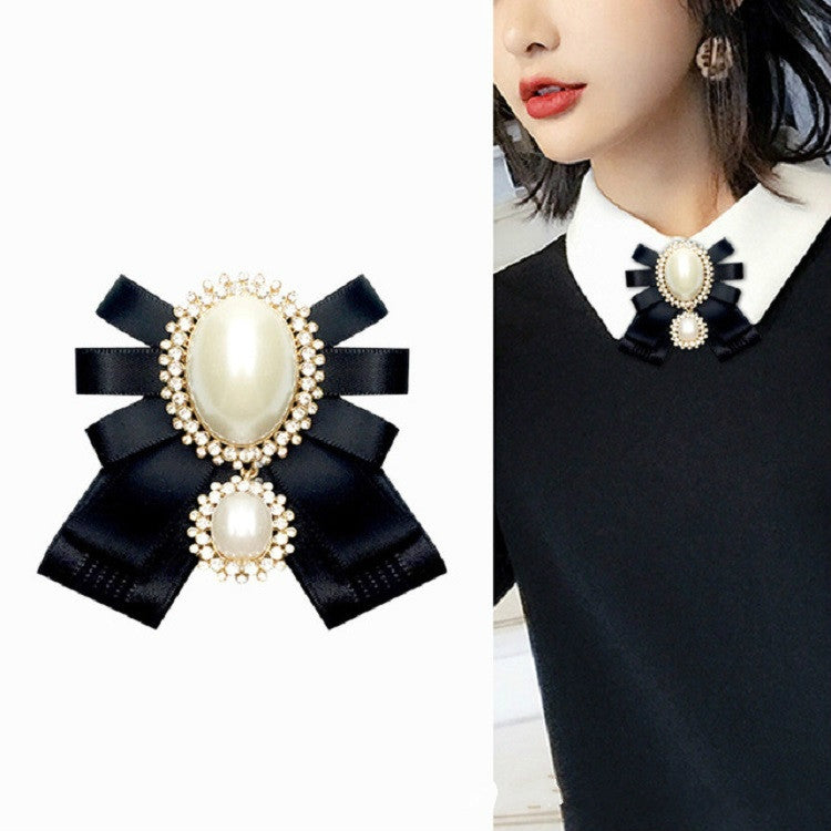 Women Pearl Bow-knot Bow Tie Cloth Brooch Clothing Accessories, Style:Pin Buckle Version(Gold Black) - Tie clip by PMC Jewellery | Online Shopping South Africa | PMC Jewellery