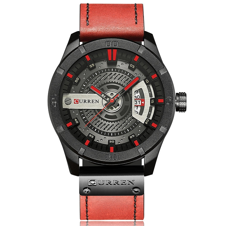 CURREN M8301 Men Military Sports Watch Quartz Date Clock Leather Wristwatch(black case red) - Leather Strap Watches by CURREN | Online Shopping South Africa | PMC Jewellery | Buy Now Pay Later Mobicred