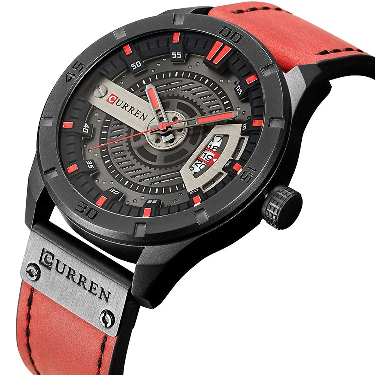 CURREN M8301 Men Military Sports Watch Quartz Date Clock Leather Wristwatch(black case red) - Leather Strap Watches by CURREN | Online Shopping South Africa | PMC Jewellery | Buy Now Pay Later Mobicred