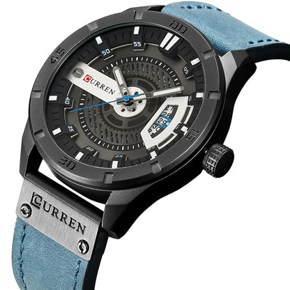 CURREN M8301 Men Military Sports Watch Quartz Date Clock Leather Wristwatch(black case blue) - Leather Strap Watches by CURREN | Online Shopping South Africa | PMC Jewellery | Buy Now Pay Later Mobicred