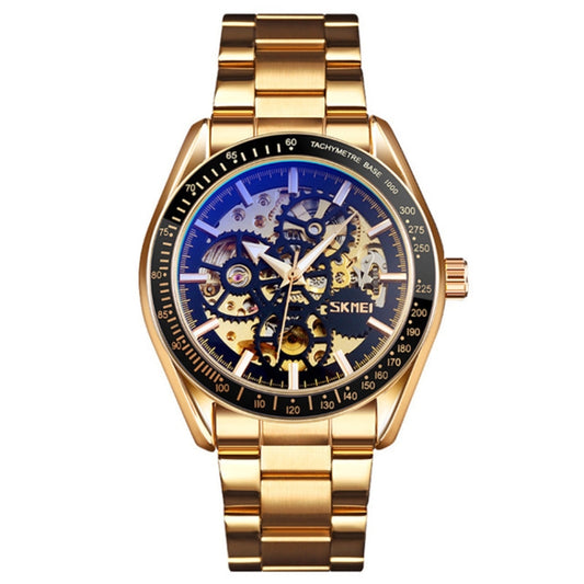 SKMEI 9194 Men Automatic Skeleton Mechanical Steel Band Watch (Golden Black Face) - Metal Strap Watches by SKMEI | Online Shopping South Africa | PMC Jewellery | Buy Now Pay Later Mobicred