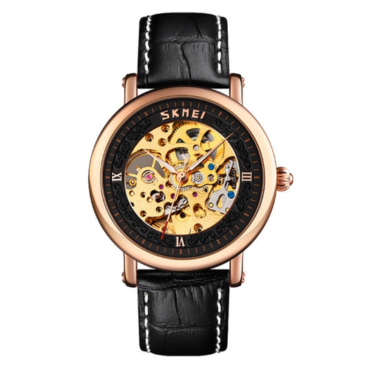 SKMEI 9229 Men Automatic Skeleton Mechanical Watch Thorough Bottom Student Watch(Rose Gold Shell Black Face) - Leather Strap Watches by SKMEI | Online Shopping South Africa | PMC Jewellery | Buy Now Pay Later Mobicred