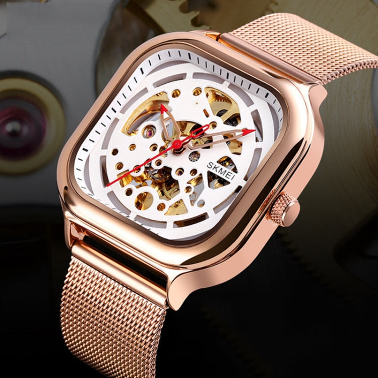 SKMEI 9184 Men Automatic Mechanical Watch Mesh with Hollow Square Tourbillon Student Watch (Rose Gold) - Metal Strap Watches by SKMEI | Online Shopping South Africa | PMC Jewellery | Buy Now Pay Later Mobicred