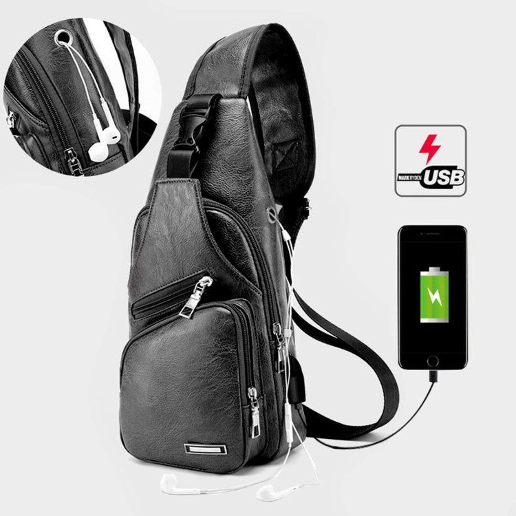 Waterproof Leisure PU Leather Single Shoulder Bag Men Chest Bag with USB Charging Port and Headphone Hole(Black) - Crossbody Bags by PMC Jewellery | Online Shopping South Africa | PMC Jewellery