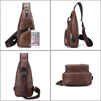 Waterproof Leisure PU Leather Single Shoulder Bag Men Chest Bag with USB Charging Port and Headphone Hole(Dark Brown) - Crossbody Bags by PMC Jewellery | Online Shopping South Africa | PMC Jewellery